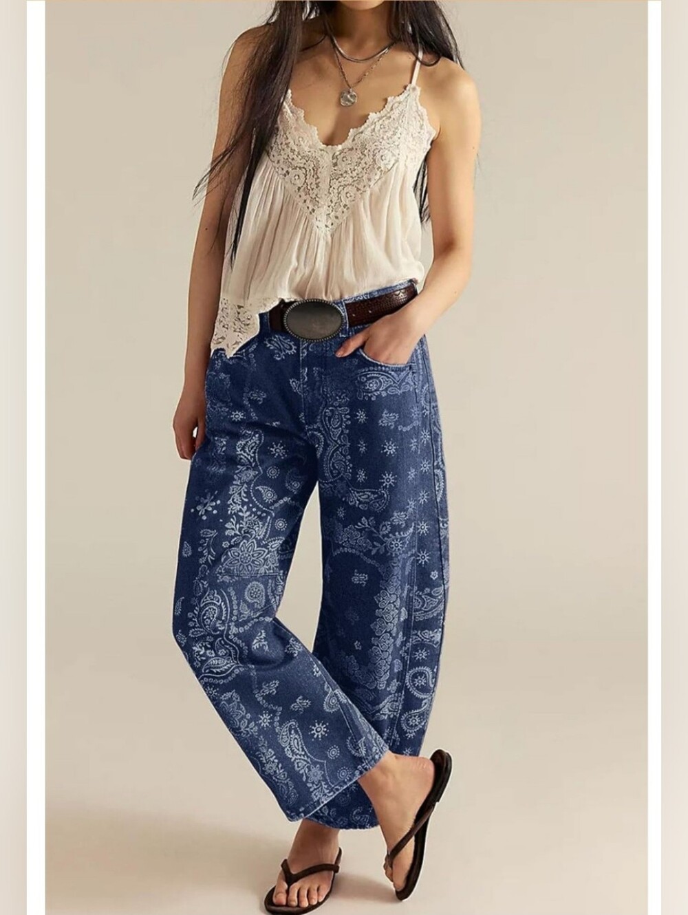 Loveimgs Women Boyfriend Baggy Barrel Blue Paisley Jean Size Large US 12-14 NWT
